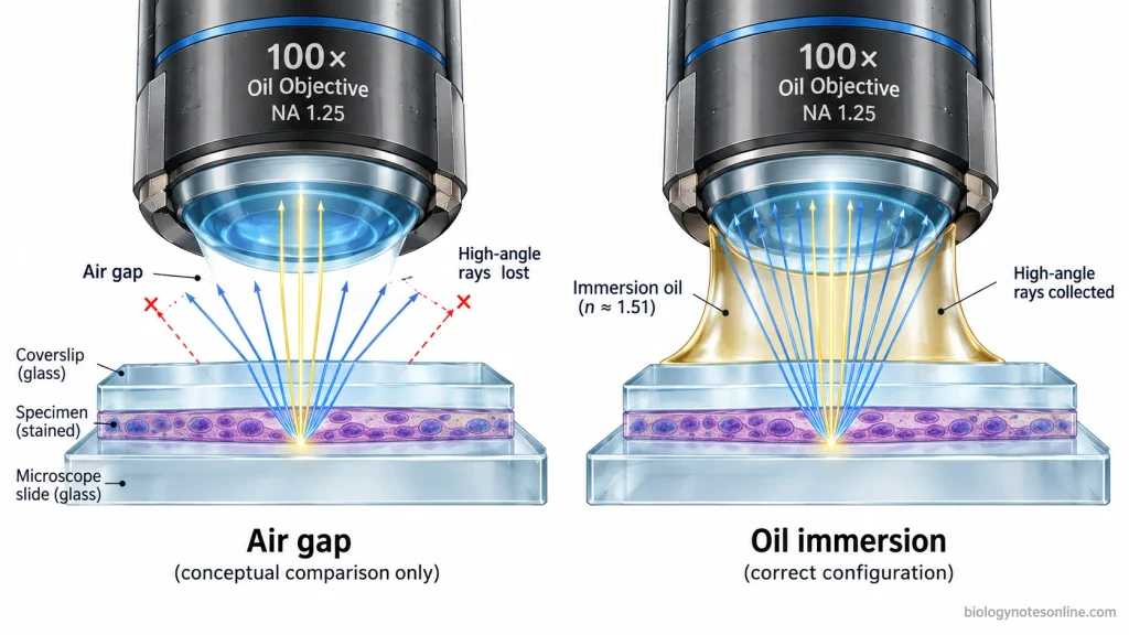 Cross-sectional comparison of an air gap and immersion oil between a coverslip and 100× oil objective, showing differences in light-ray collection.