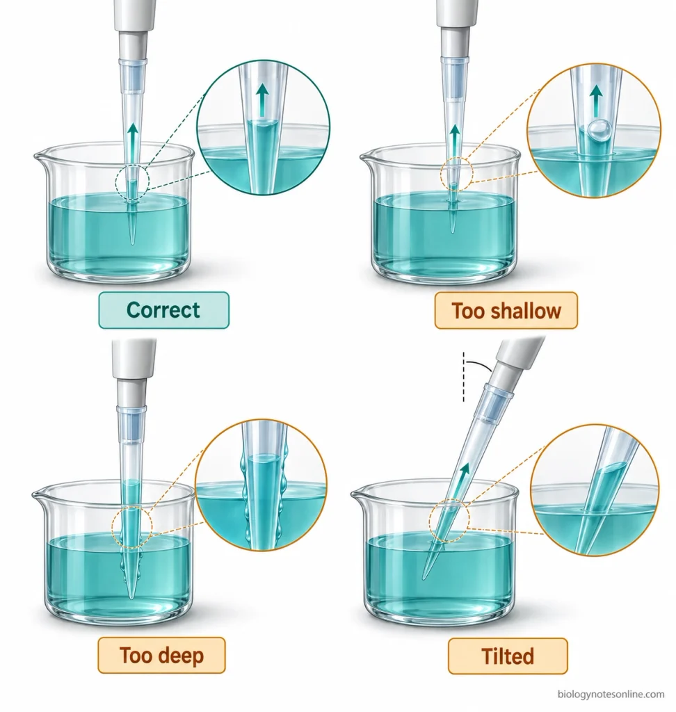 Comparison of correct vertical micropipette aspiration with shallow tip immersion, excessive immersion depth, and a tilted pipette.