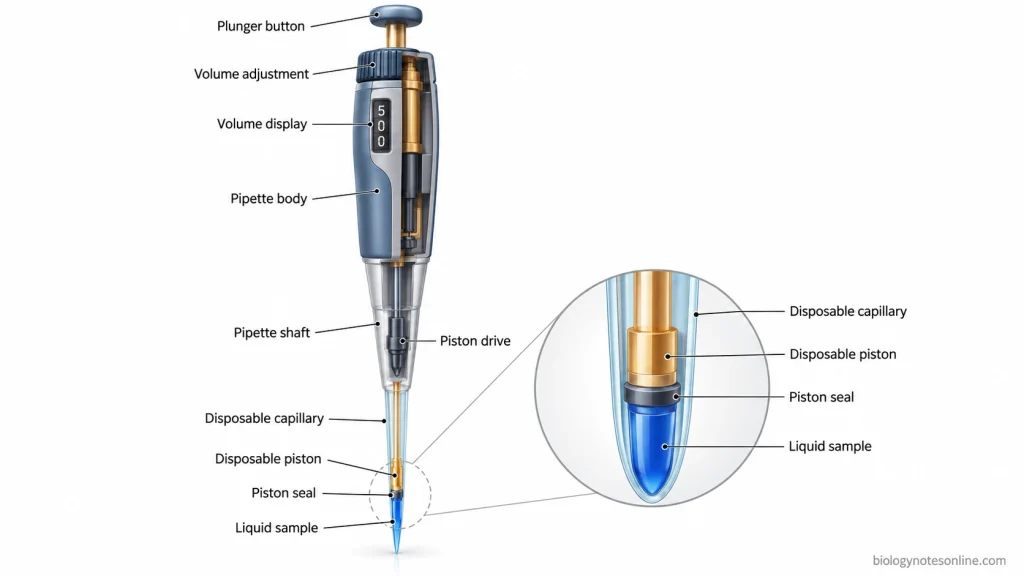 Labeled cutaway of a positive displacement pipette showing its plunger, volume adjustment, shaft, piston drive, and disposable capillary-piston tip.