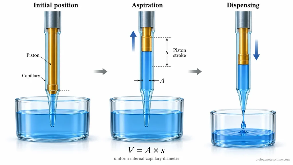 Three-stage cutaway showing the piston near the capillary tip, moving upward to aspirate liquid, and moving downward to dispense it.
