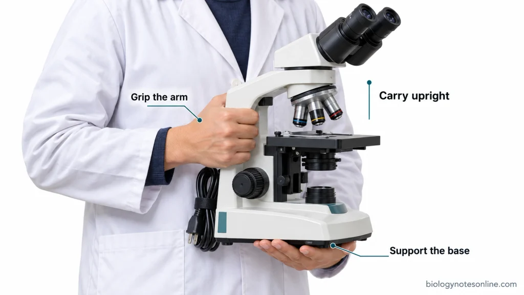 Laboratory user carrying an upright compound light microscope with one hand gripping the arm and the other supporting the underside of the base.