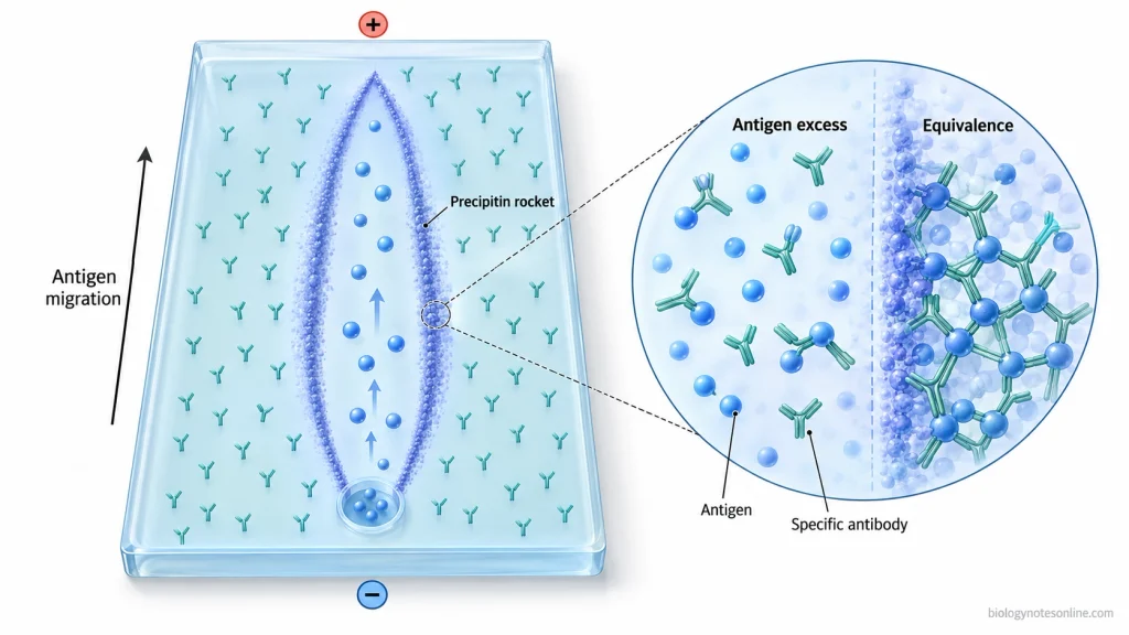 Antigens migrate toward the anode through antibody-containing agarose gel, forming a rocket-shaped precipitin boundary at antigen–antibody equivalence.