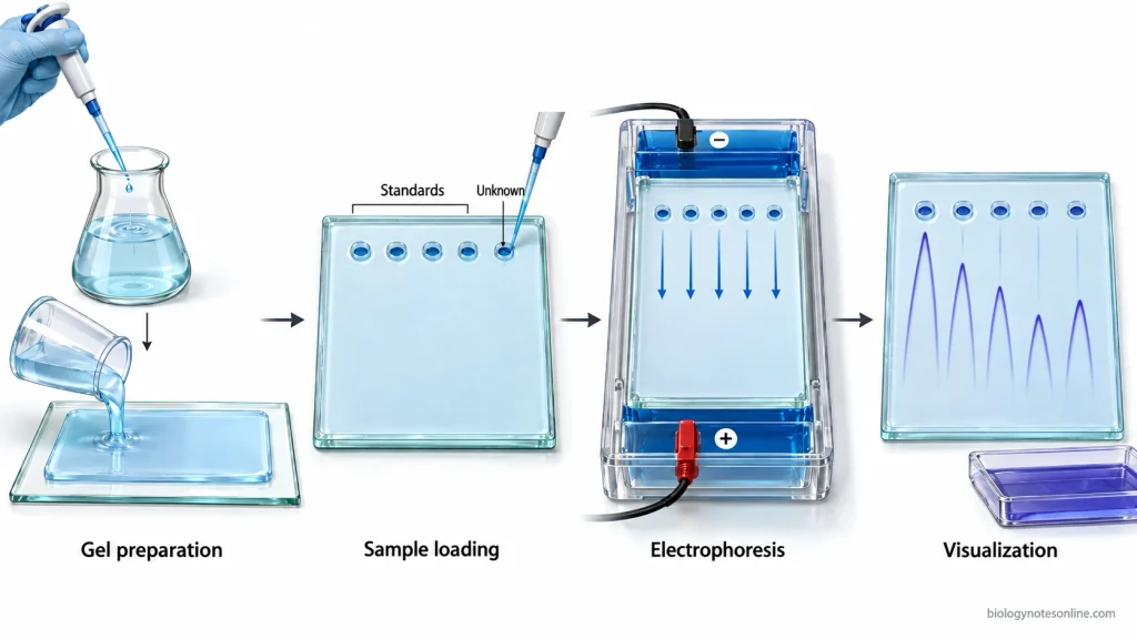 Four-stage rocket immunoelectrophoresis procedure showing antibody-containing agarose preparation, antigen sample loading, electrophoresis, and visualization of precipitin rockets.