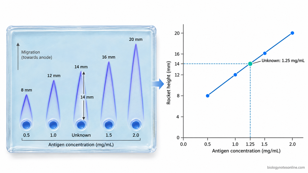 Rocket immunoelectrophoresis gel and calibration graph showing standards from 0.5 to 2.0 mg/mL and an unknown 14 mm rocket corresponding to 1.25 mg/mL.