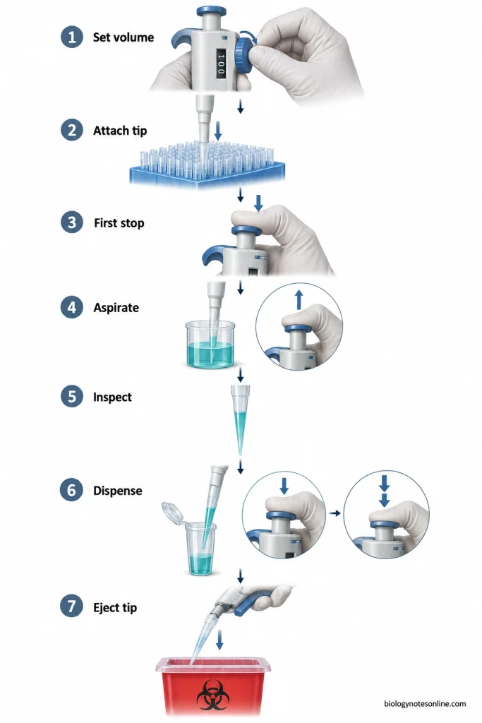 Seven illustrated stages of forward pipetting, from setting the volume and attaching a tip through aspiration, inspection, dispensing, and tip ejection.