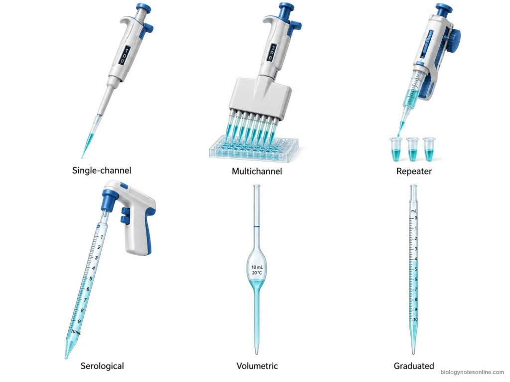 Six laboratory pipette designs showing single-channel and multichannel micropipettes, a repeating pipette, a serological pipette with controller, a volumetric pipette, and a graduated pipette.