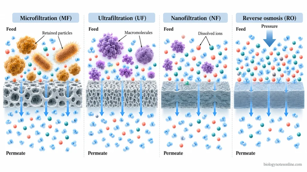 Filtration - Definition, Principle, Process, Types & Examples 4 Comparison of microfiltration, ultrafiltration, nanofiltration, and reverse osmosis showing different retained substances and permeate passing through selective membranes.
