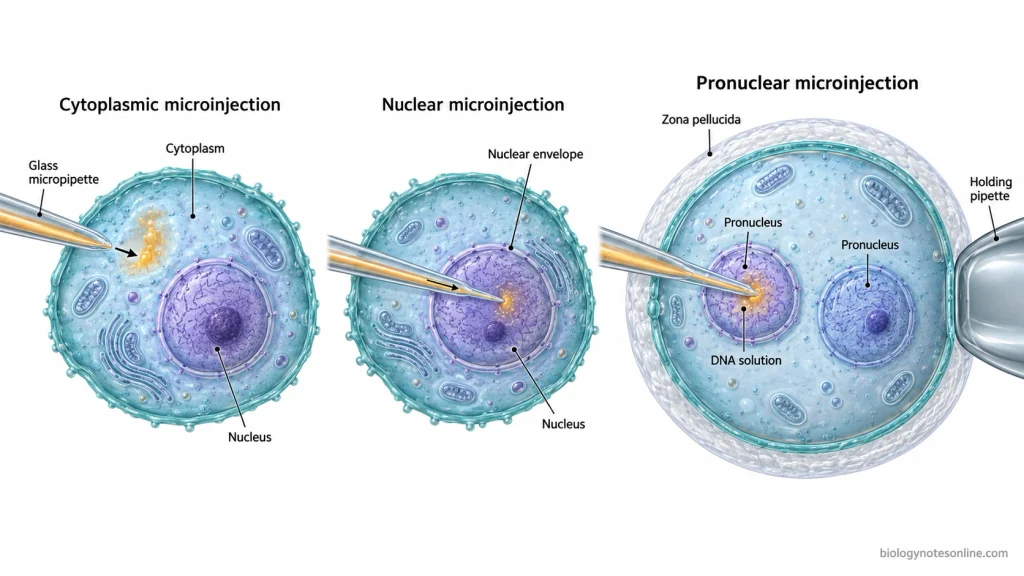 Comparison of microinjection into the cytoplasm of a cell, the nucleus of a cell and one pronucleus of a fertilized egg held by a holding pipette.