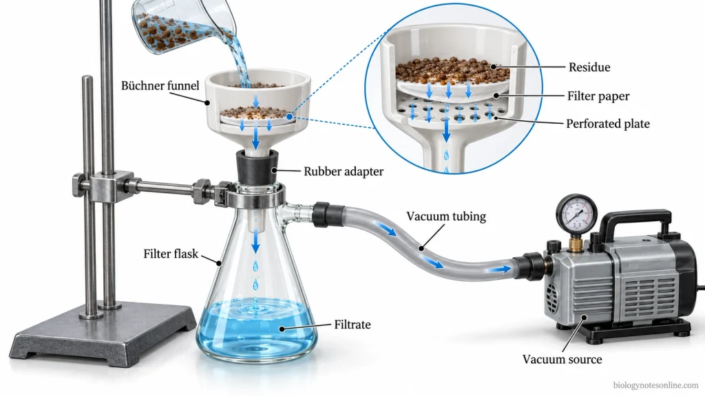 Filtration - Definition, Principle, Process, Types & Examples 3 Vacuum filtration setup with a Büchner funnel containing filter paper, rubber adapter, clamped side-arm flask, vacuum tubing, and collected filtrate.