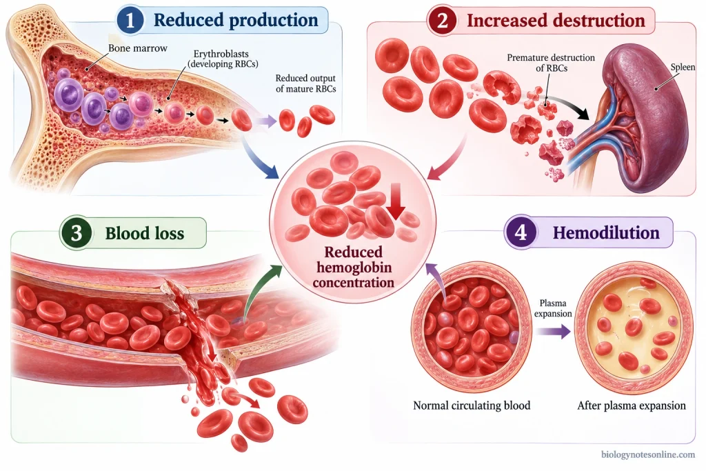 Comparison of reduced red blood cell production, increased destruction, blood loss, and plasma-volume expansion as mechanisms affecting hemoglobin concentration.