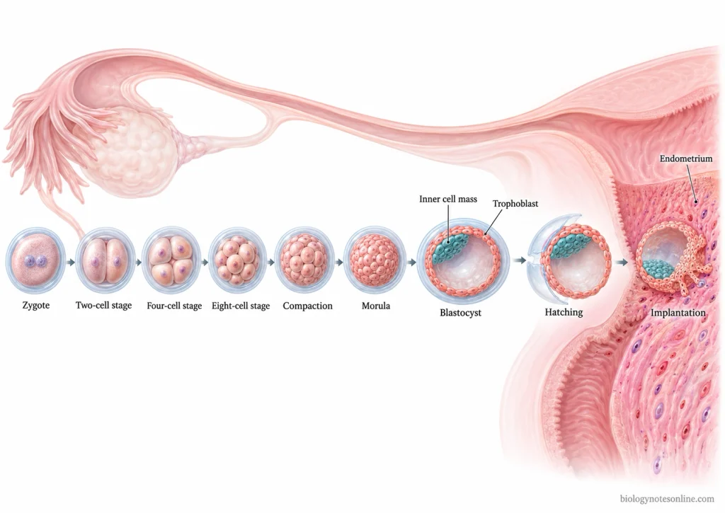 Zygote - Definition, Formation, and Early Development 3 Developmental sequence showing a human zygote progressing through two-cell and multicellular cleavage stages, compaction, morula, blastocyst, hatching, and early implantation.