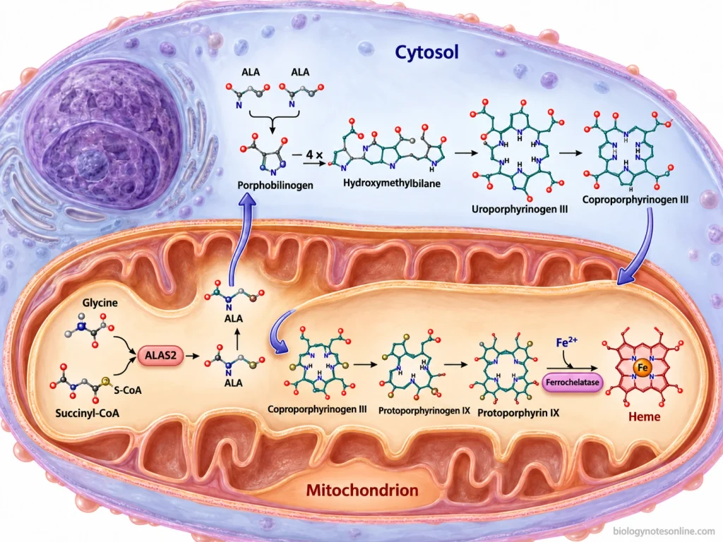 Heme synthesis pathway showing reactions that begin in mitochondria, continue through cytosolic porphyrin intermediates, and finish with iron incorporation into heme.