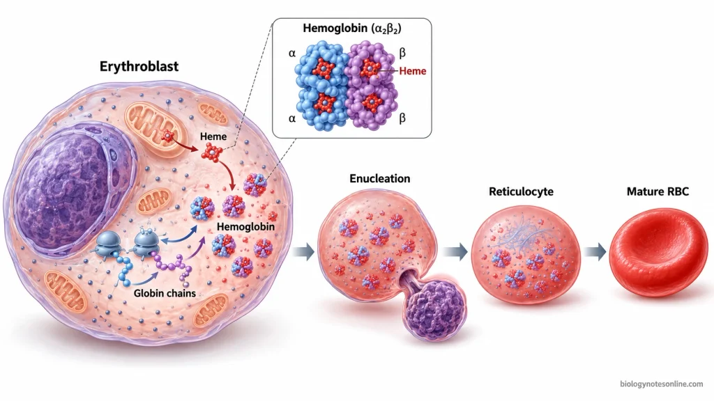 Developing erythroblast producing heme and globin chains, assembling hemoglobin, expelling its nucleus, and maturing through the reticulocyte stage.