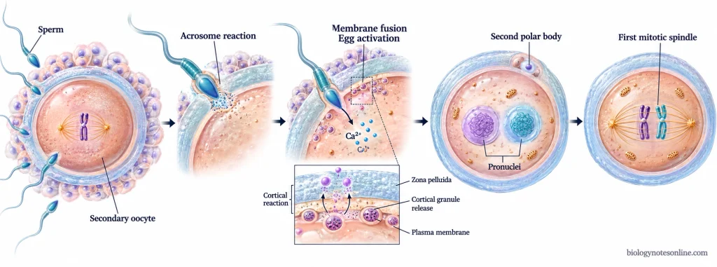 Zygote - Definition, Formation, and Early Development 2 Sequential scientific diagram showing sperm penetration, membrane fusion, egg activation, pronuclear formation, and preparation for the first mitotic division.