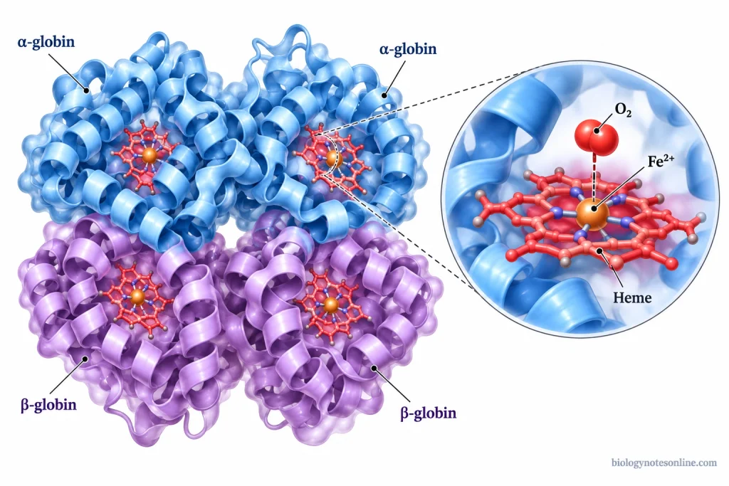 Hemoglobin A tetramer containing two alpha and two beta globin chains, with four heme groups and a magnified oxygen-binding site.