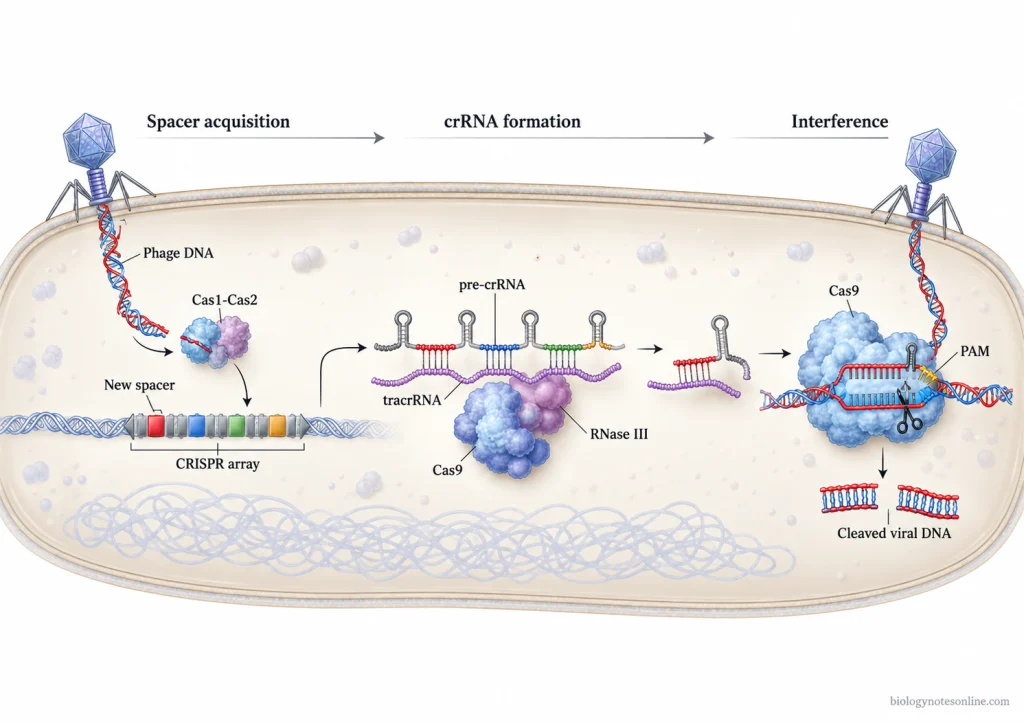 Type II CRISPR-Cas9 immunity showing viral spacer acquisition, CRISPR RNA processing, Cas9 targeting, and cleavage of matching phage DNA.