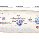 Type II CRISPR-Cas9 immunity showing viral spacer acquisition, CRISPR RNA processing, Cas9 targeting, and cleavage of matching phage DNA.