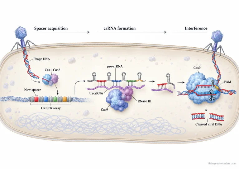 Type II CRISPR-Cas9 immunity showing viral spacer acquisition, CRISPR RNA processing, Cas9 targeting, and cleavage of matching phage DNA.