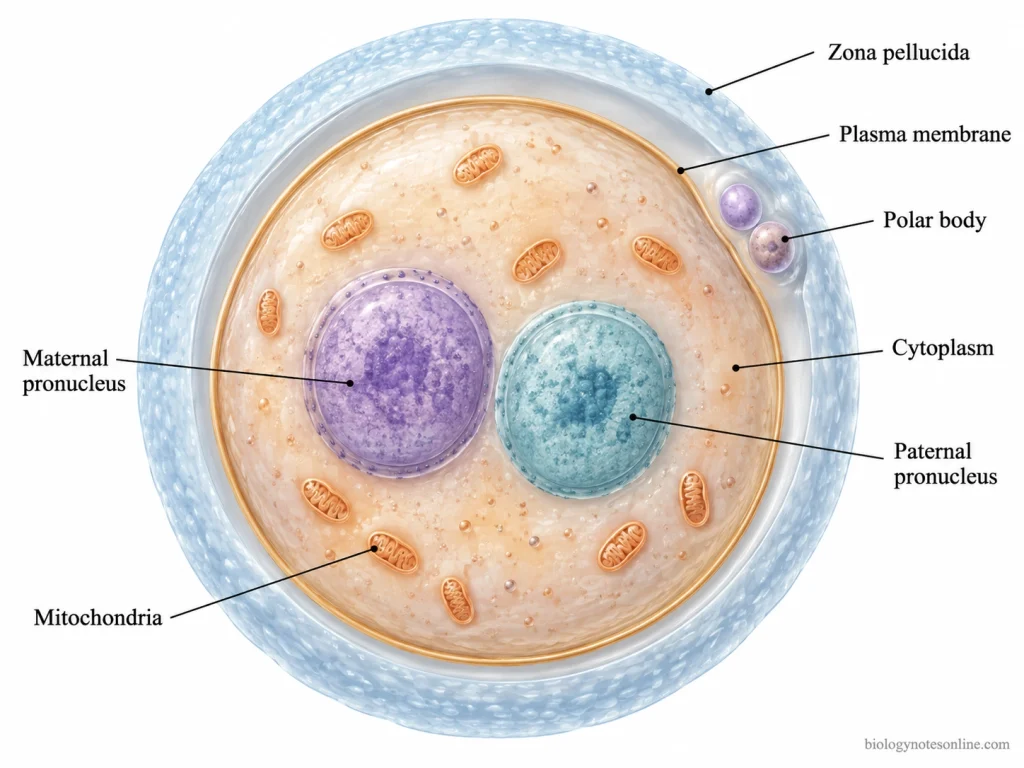 Zygote - Definition, Formation, and Early Development 1 Cross-sectional diagram of a human zygote showing separate maternal and paternal pronuclei, cytoplasm, plasma membrane, polar bodies, and surrounding zona pellucida.