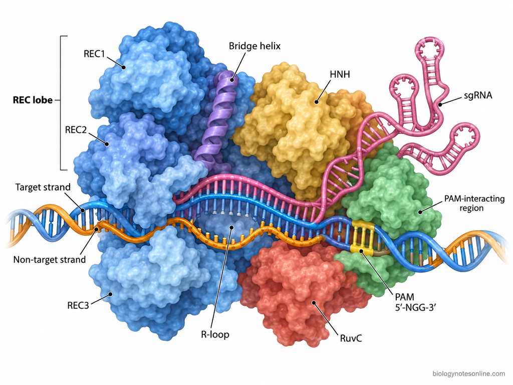 SpCas9 structure showing REC and nuclease lobes, HNH and RuvC domains, guide RNA, target DNA, PAM, and the RNA-DNA R-loop.