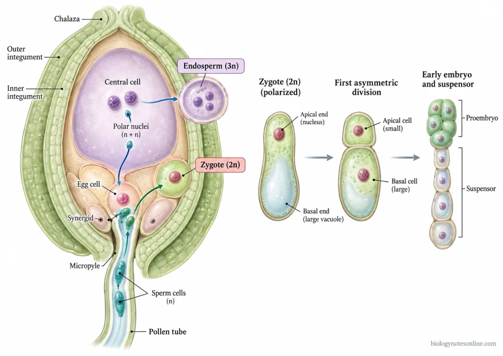 Zygote - Definition, Formation, and Early Development 4 Integrated diagram showing double fertilization in a flowering plant, formation of the diploid zygote and triploid endosperm, and asymmetric zygote division into apical and basal cells.