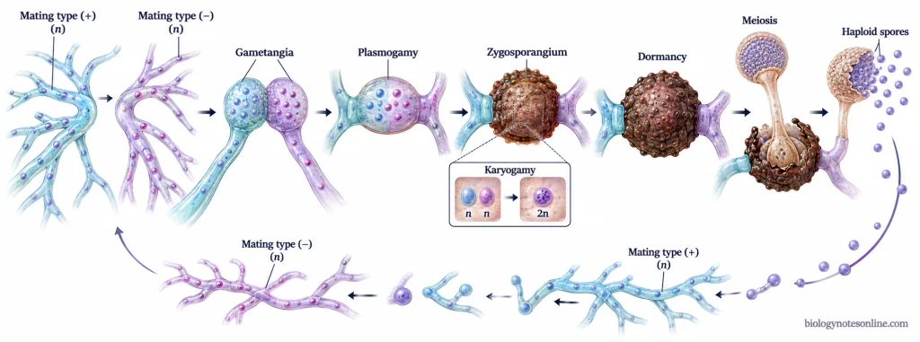 Zygote - Definition, Formation, and Early Development 5 Scientific life-cycle diagram of Rhizopus showing compatible mating hyphae, gametangial fusion, zygosporangium formation, karyogamy, dormancy, germination, meiosis, and haploid spores.