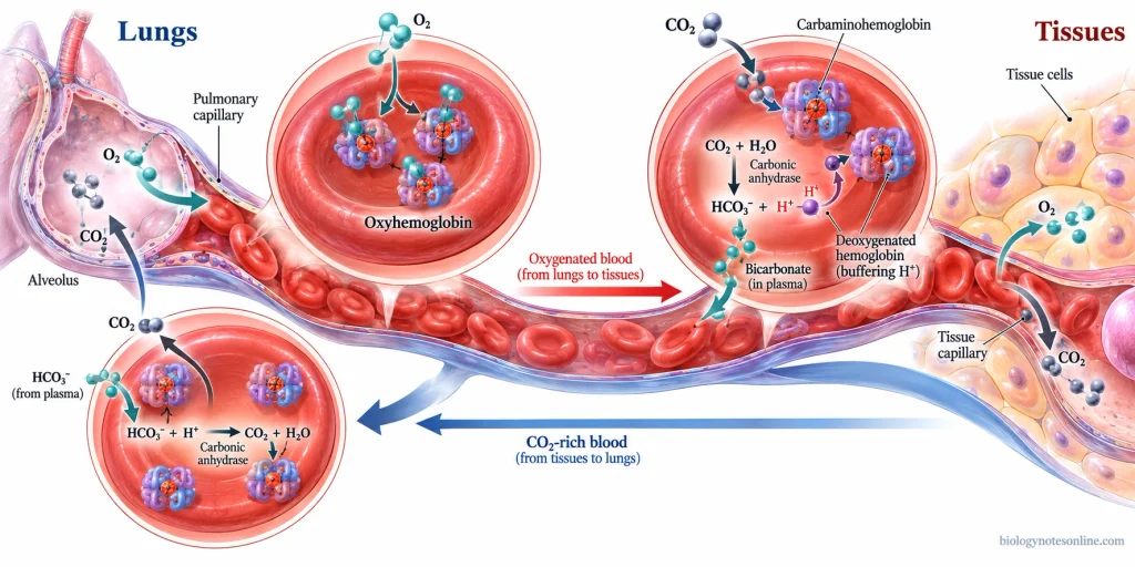 Integrated pulmonary and tissue circulation diagram showing hemoglobin-mediated oxygen delivery, carbon dioxide transport, bicarbonate formation, and hydrogen-ion buffering.