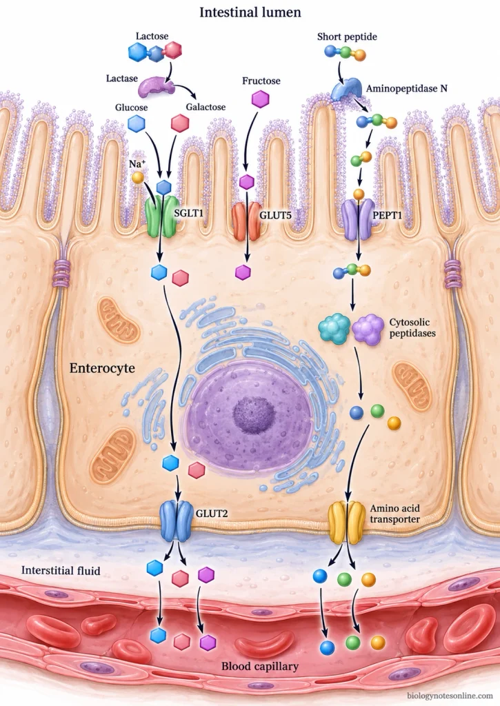 Intestinal brush-border diagram showing lactose digestion, glucose and galactose uptake through SGLT1, fructose uptake through GLUT5, peptide uptake through PEPT1, and basolateral nutrient transport.