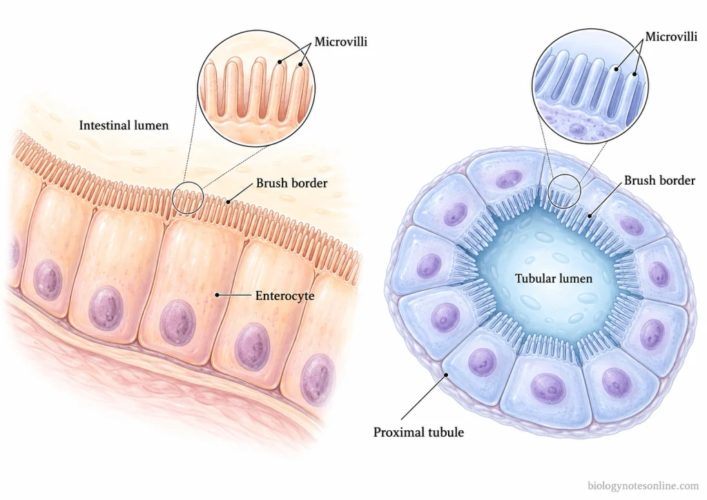 Microvilli on the apical surfaces of intestinal enterocytes and kidney proximal tubular epithelial cells, forming brush borders that face their respective lumens.