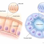 Microvilli on the apical surfaces of intestinal enterocytes and kidney proximal tubular epithelial cells, forming brush borders that face their respective lumens.