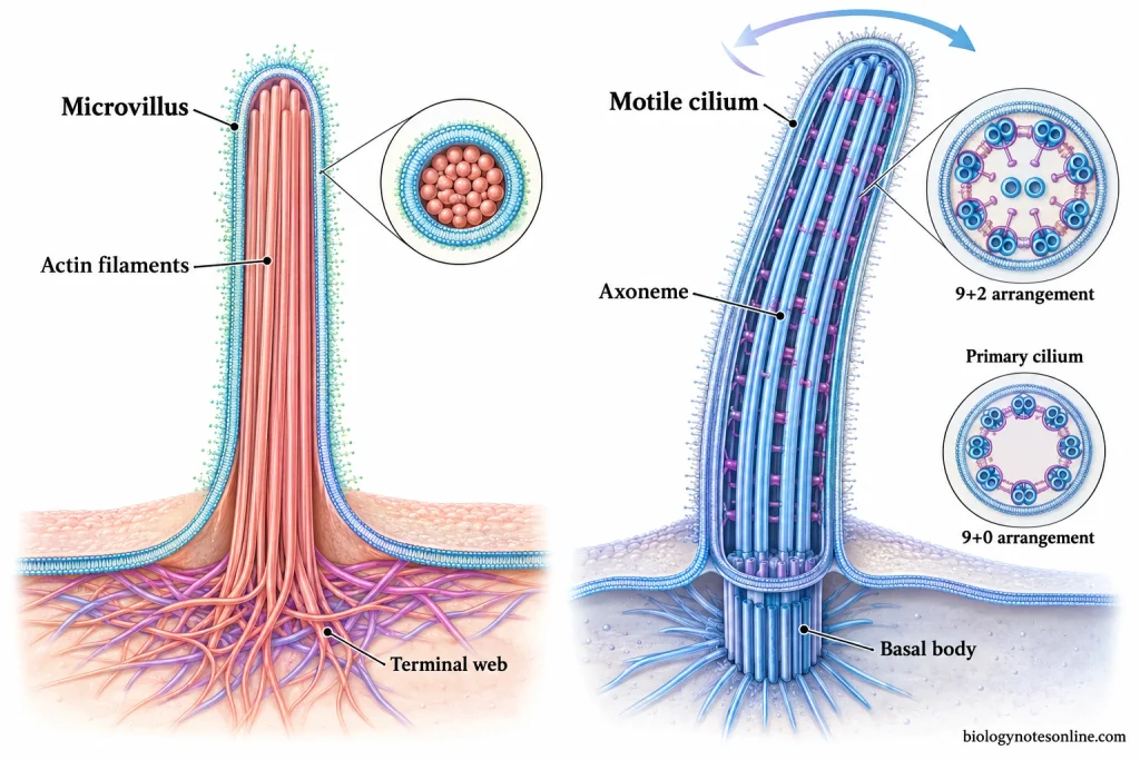 Comparison of an actin-supported microvillus and a microtubule-supported motile cilium, with cross-sections showing actin filaments and the typical 9+2 ciliary axoneme.