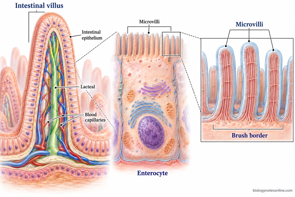 Magnification sequence showing a multicellular intestinal villus containing blood capillaries and a lacteal, an individual enterocyte, and microvilli projecting from its apical membrane.