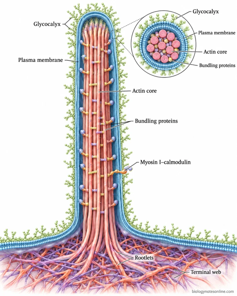 Cutaway of a microvillus showing its plasma membrane, parallel actin filaments, bundling proteins, membrane linkages, rootlets, glycocalyx, and terminal web.