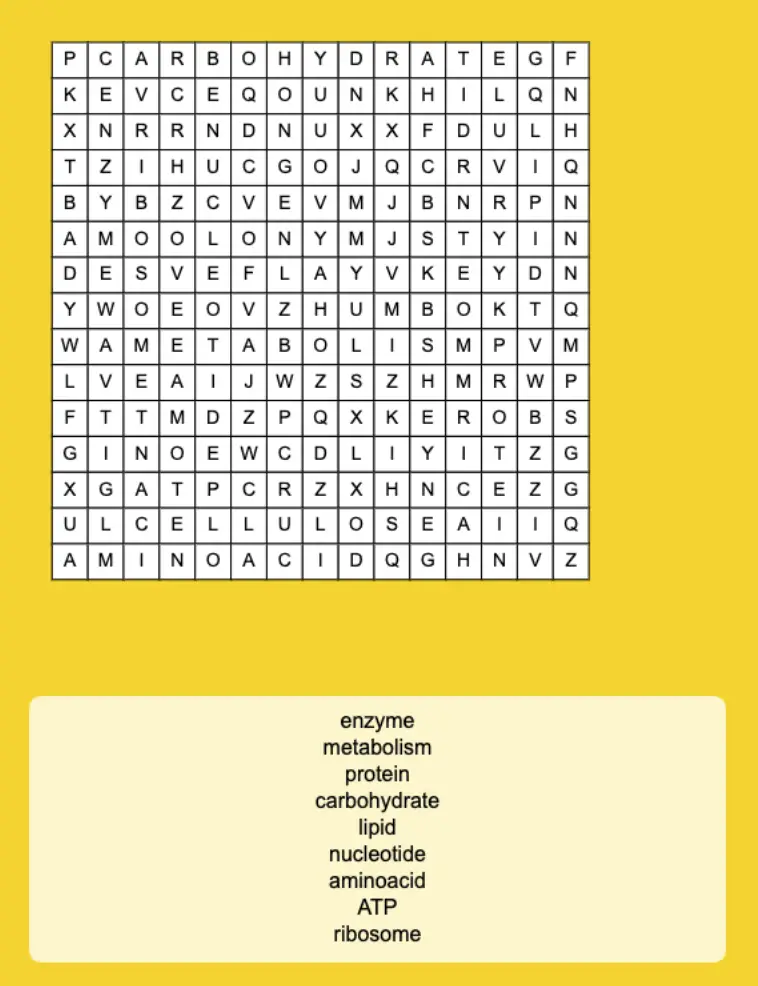 Biology Word Search Puzzle on Biochemistry