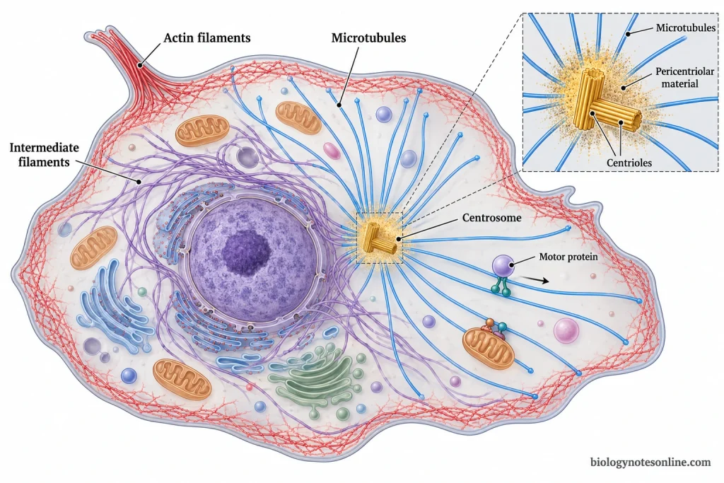 Animal cell showing cortical actin filaments, intermediate filaments, centrosomal microtubules, centrioles, pericentriolar material, and vesicle transport.