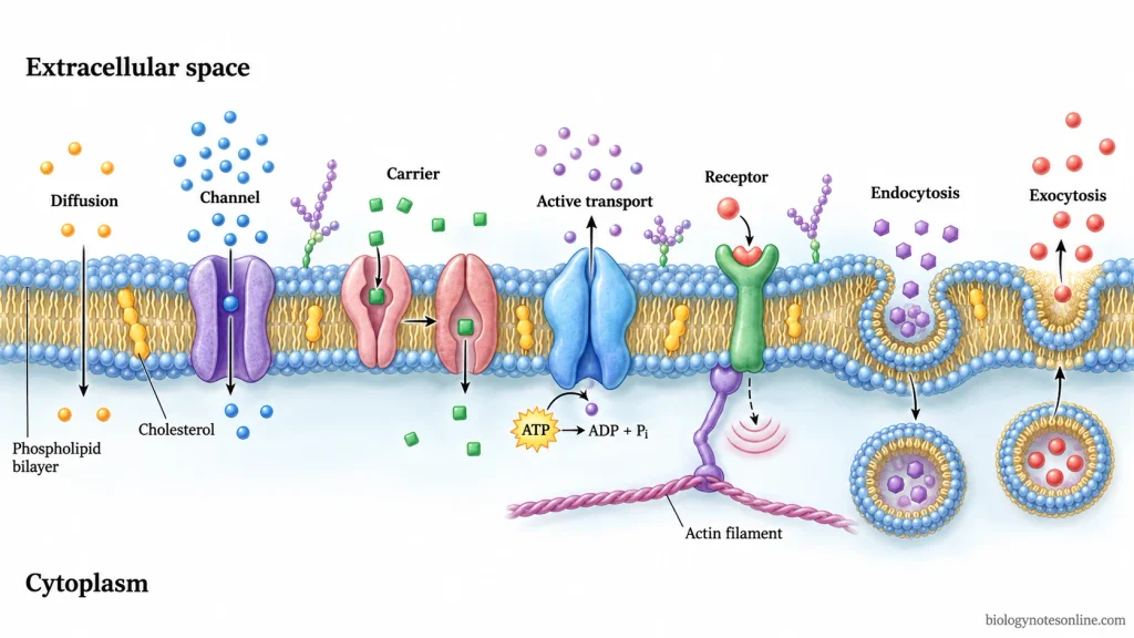 Animal cell plasma membrane showing the phospholipid bilayer, cholesterol, membrane proteins, diffusion, channels, carriers, active transport, endocytosis, and exocytosis.