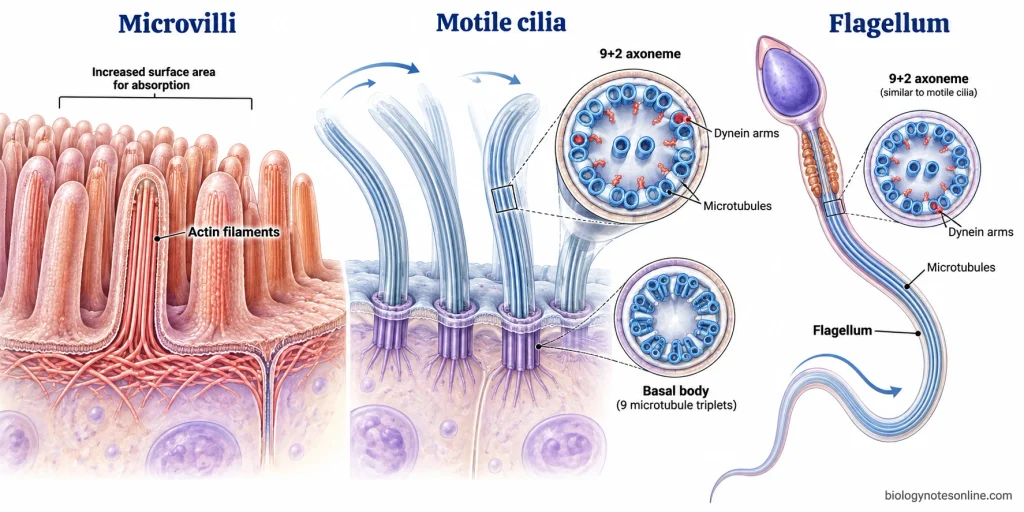 Comparison of actin-based microvilli with microtubule-based motile cilia and a sperm flagellum, including a 9+2 axoneme and basal body.