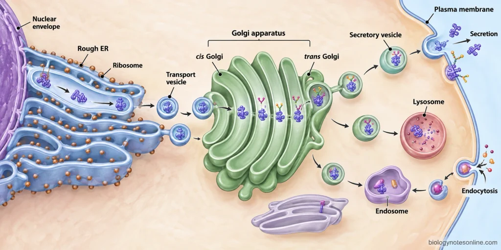 Protein trafficking pathway showing rough ER, transport vesicles, Golgi apparatus, secretion at the plasma membrane, endosomes, and lysosomes.