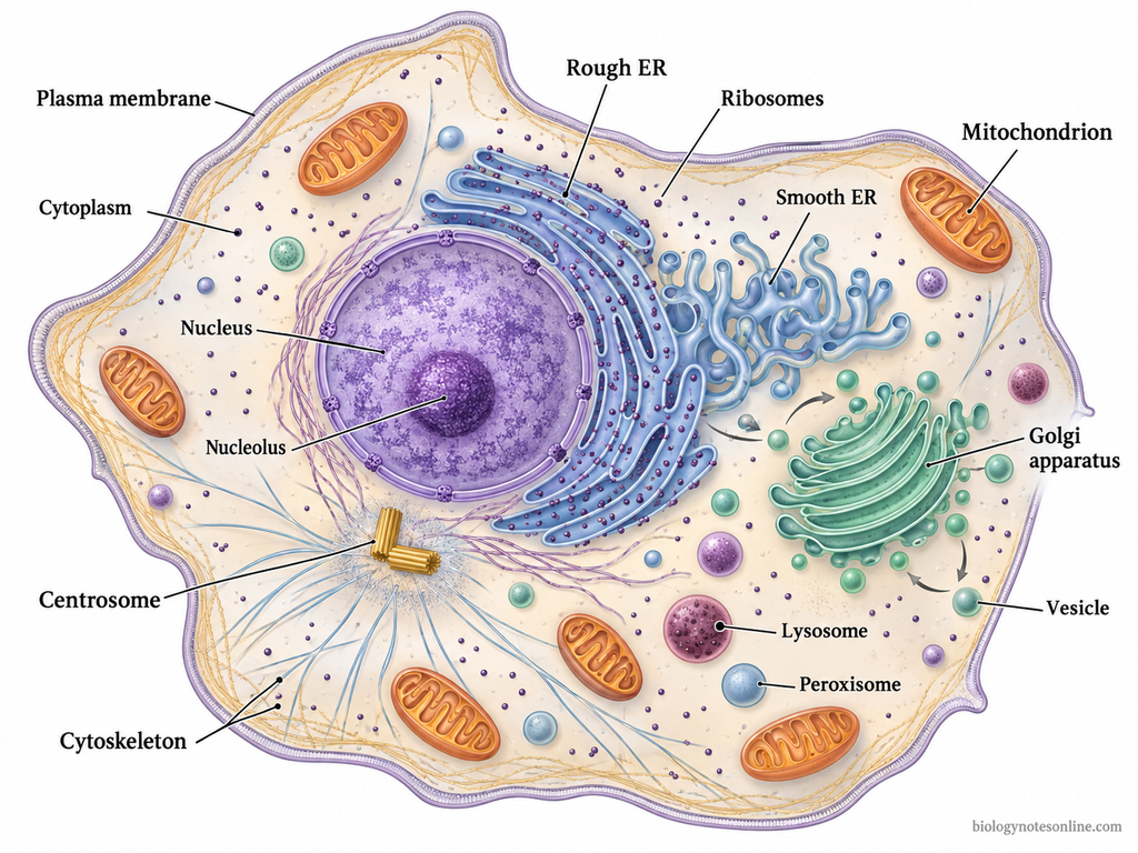 Generalized animal cell showing the nucleus, ER, Golgi apparatus, mitochondria, ribosomes, lysosomes, peroxisomes, centrosome, vesicles, and cytoskeleton.
