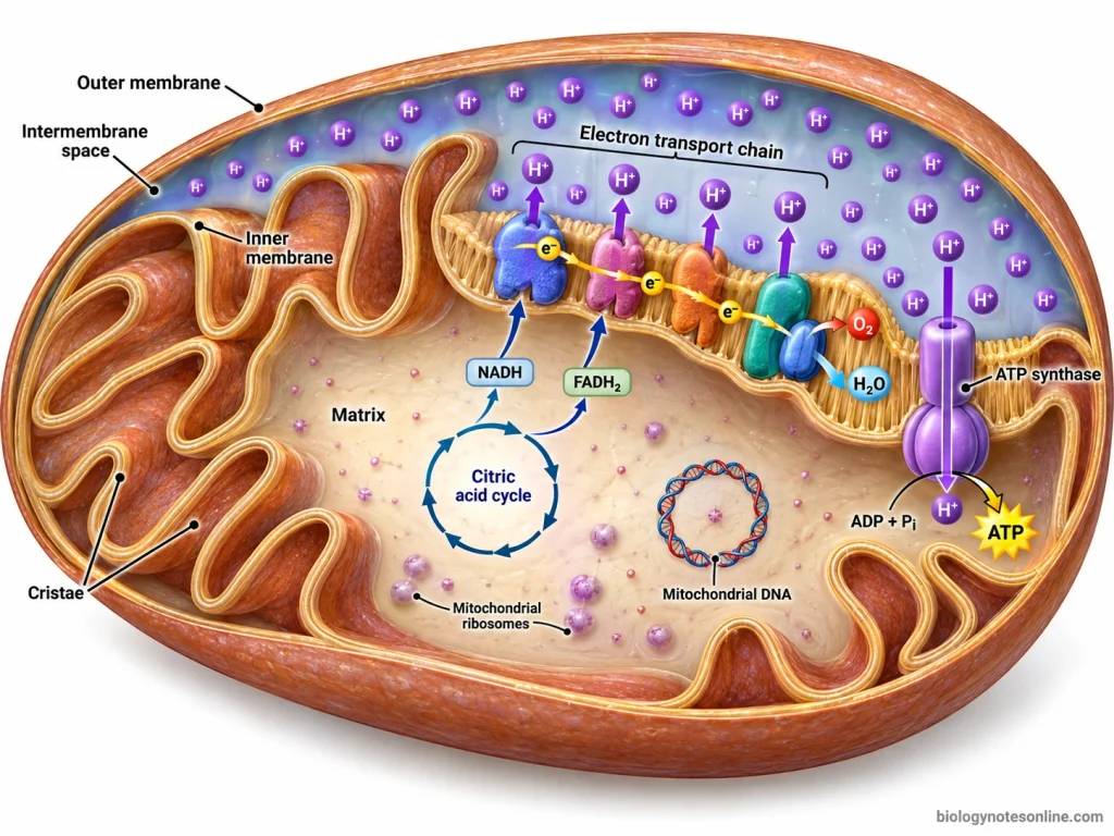Cutaway mitochondrion showing cristae, matrix, electron transport across the inner membrane, proton accumulation, ATP synthase, and ATP production.