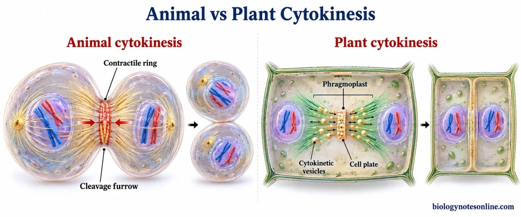 Comparison of animal cytokinesis by contractile-ring cleavage and plant cytokinesis by phragmoplast-guided cell plate formation.