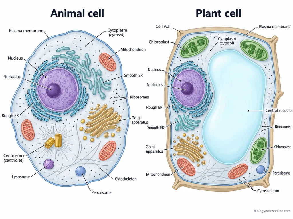 Comparison of animal and plant cell structures showing shared organelles such as the nucleus, ER, Golgi and mitochondria, plus the plant cell wall, chloroplasts and large central vacuole.