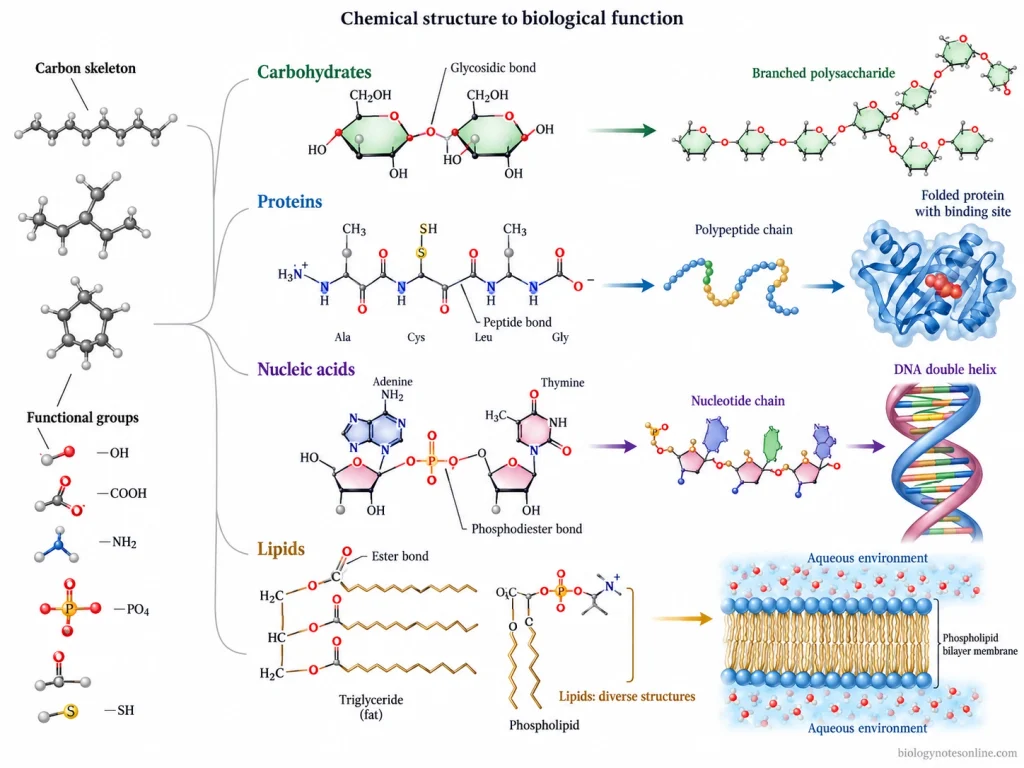 Carbon skeletons and functional groups developing into carbohydrate, protein, nucleic-acid, and lipid structures with their characteristic bonds.