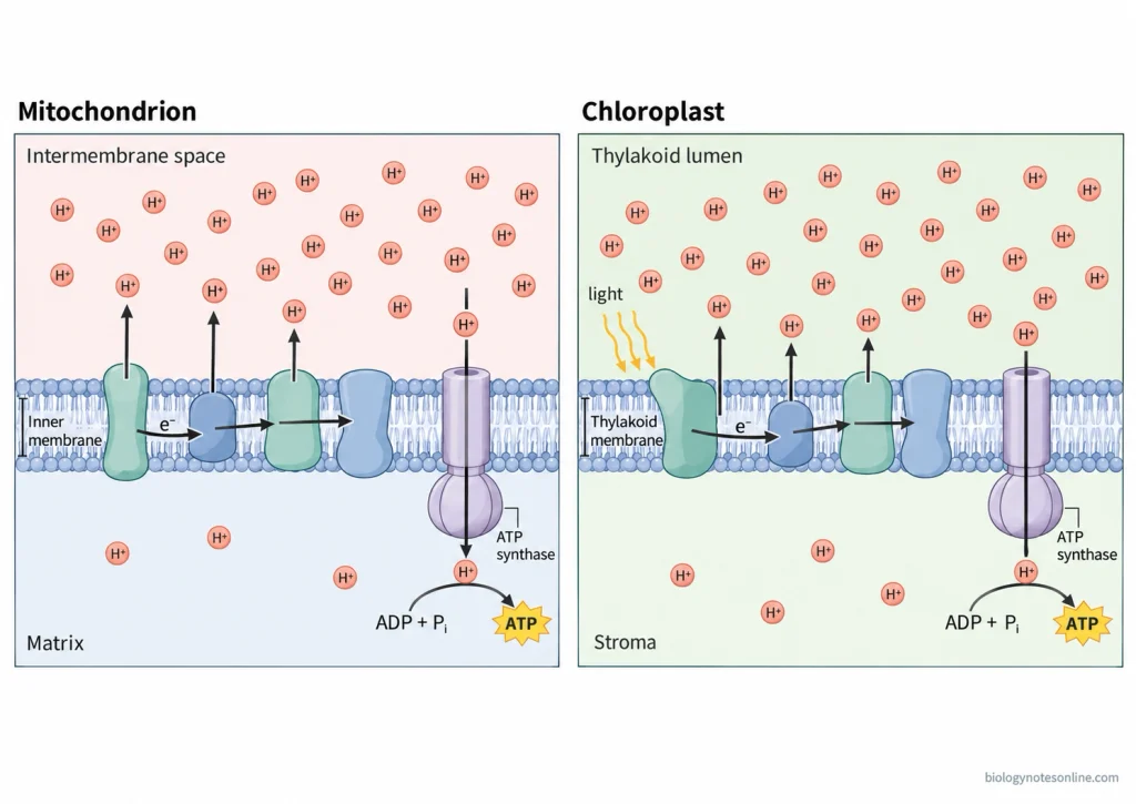 Comparison of proton gradients across the mitochondrial inner membrane and chloroplast thylakoid membrane driving ATP synthase.