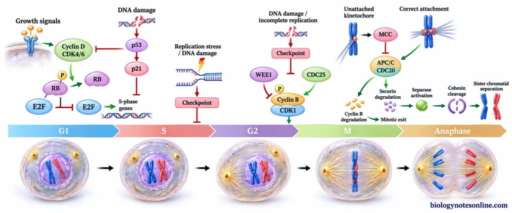 Cell-cycle control pathway showing G1/S, G2/M, and spindle checkpoints with cyclin-CDKs, p53-p21, WEE1-CDC25, MCC, APC/C, separase, and cohesin.