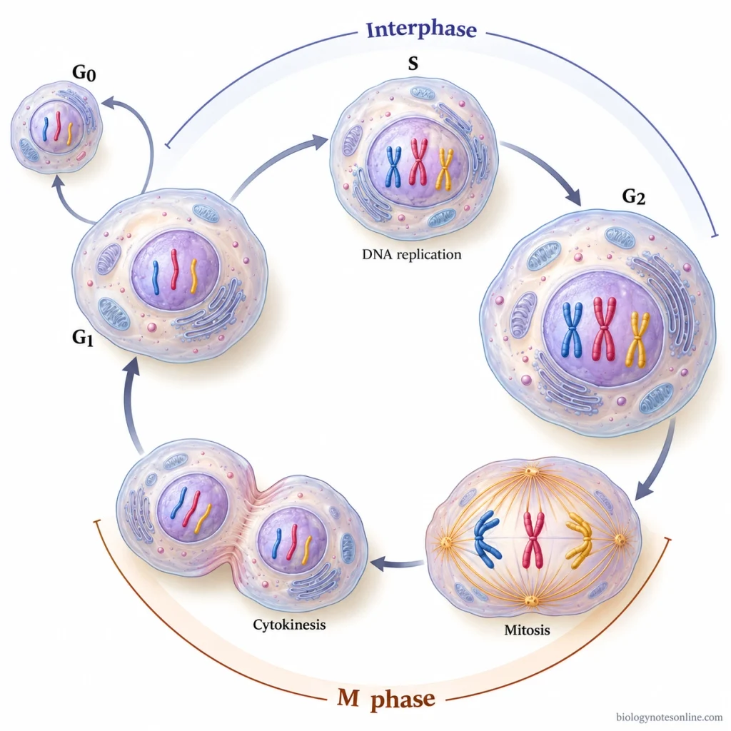 Circular cell cycle showing G1, S, G2, and M phases, DNA replication in S phase, and mitosis followed by cytokinesis.