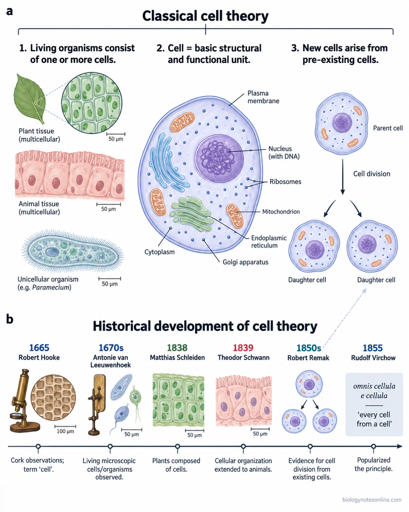 Scientific figure showing the three principles of classical cell theory and a timeline from Hooke's 1665 cork observations through Leeuwenhoek, Schleiden, Schwann, Remak and Virchow.