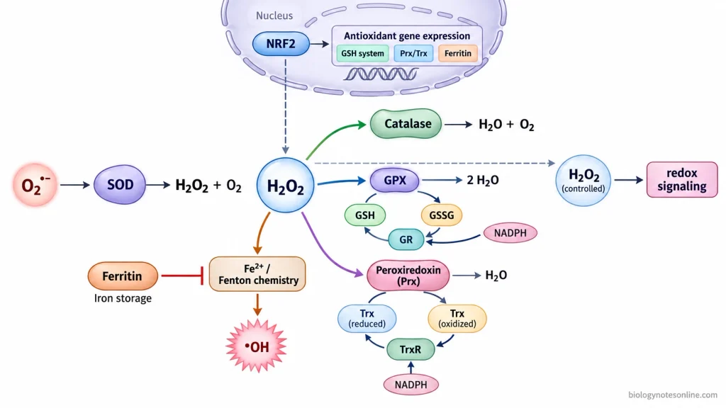 Antioxidant network showing SOD, catalase, glutathione peroxidase, glutathione recycling, peroxiredoxin, thioredoxin, ferritin, and NRF2 regulation.