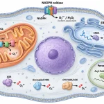 Cell schematic showing ROS generation by mitochondria, NADPH oxidases, endoplasmic reticulum, peroxisomes, XOR, uncoupled NOS, and other enzymes.