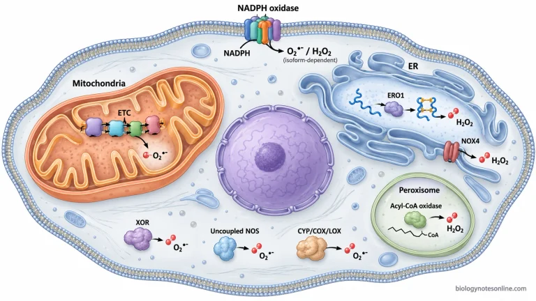 Cell schematic showing ROS generation by mitochondria, NADPH oxidases, endoplasmic reticulum, peroxisomes, XOR, uncoupled NOS, and other enzymes.